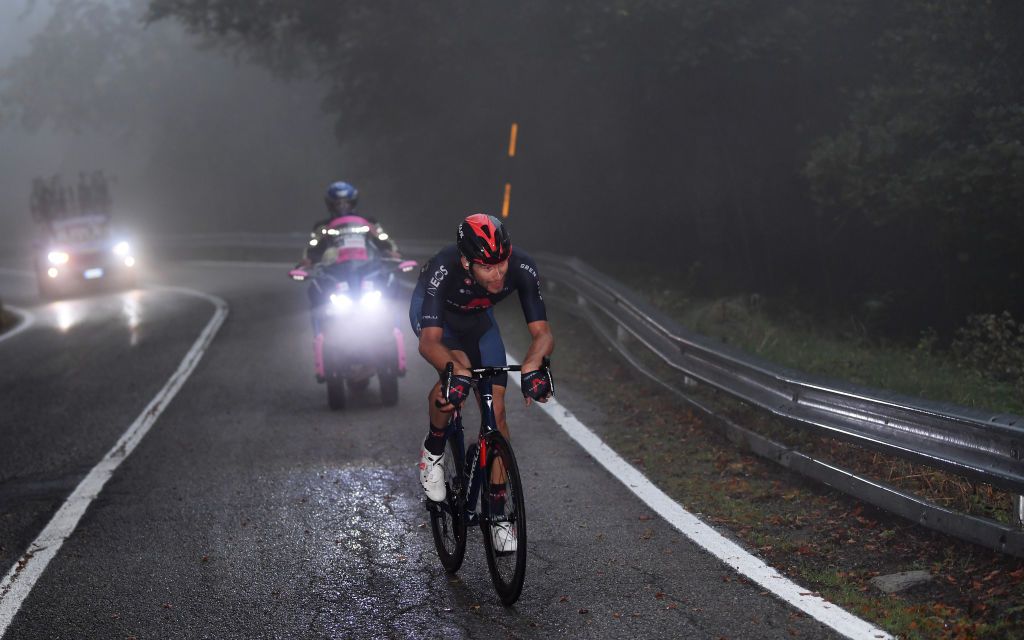 CAMIGLIATELLO SILANO ITALY OCTOBER 07 Filippo Ganna of Italy and Team INEOS Grenadiers Fog during the 103rd Giro dItalia 2020 Stage 5 a 225km stage from Mileto to Camigliatello Silano 1275m girodiitalia Giro on October 07 2020 in Camigliatello Silano Italy Photo by Tim de WaeleGetty Images