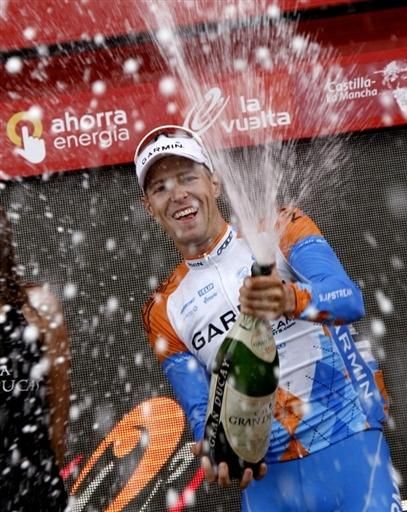 Ryder Hesjedal celebrating his Vuelta stage win