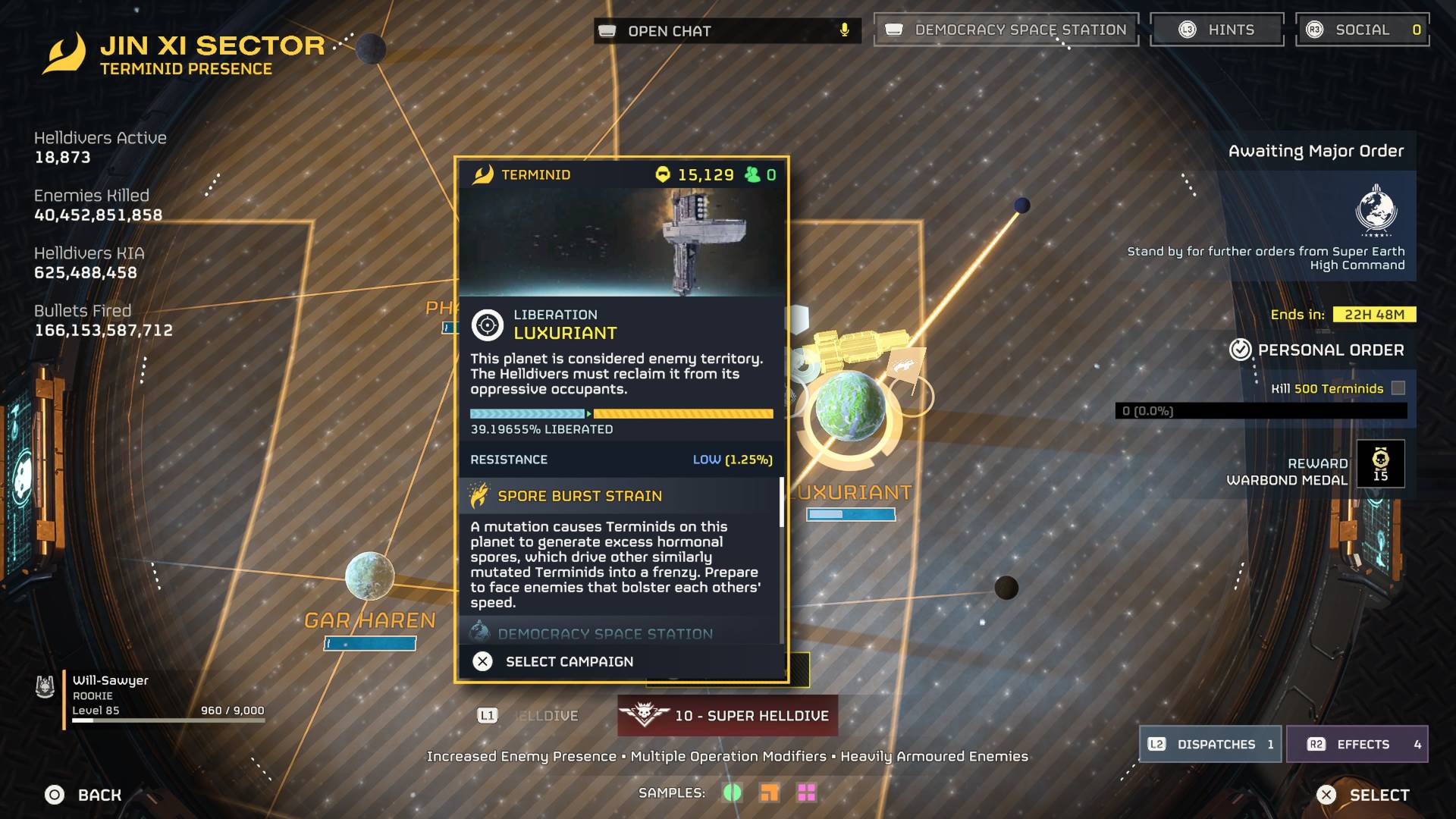 Helldivers 2 Spore Burst Strain terminids on Luxuriant planet on galactic map