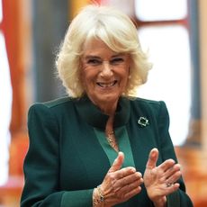 Queen Camilla during a reception for winners of the Queen's Commonwealth Essay Competition, at Buckingham Palace on November 21, 2024 in London, England.