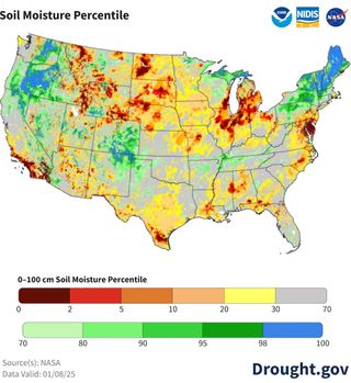 A map showing soil moisture percentile across the US