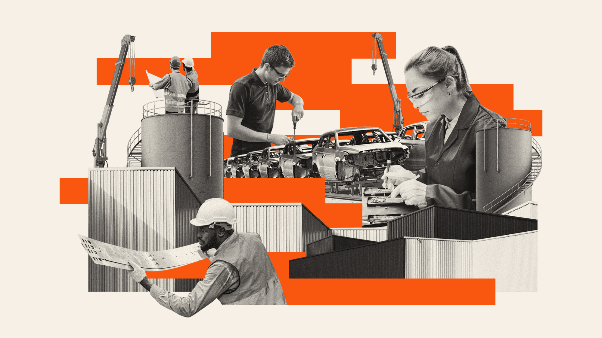 Photo composite illustration of factory workers, an auto assembly line, warehouses and machinery
