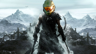 An image of the Dragonborn player character from Skyrim, his clumsy replaced by a cut-and-paste of Master Chief's helmet.