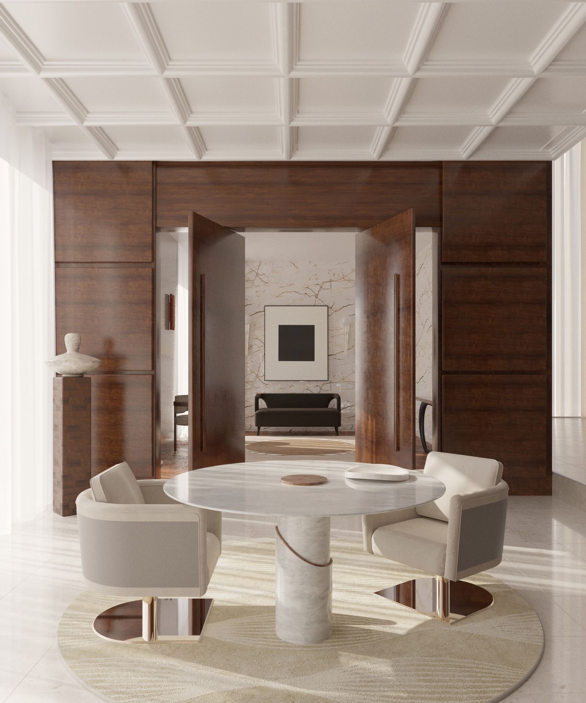 A large room with dark wood veneer walls and a white coffered ceiling
