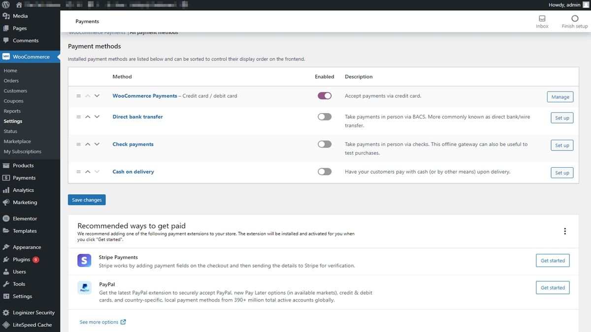 WooCommerce's payment options