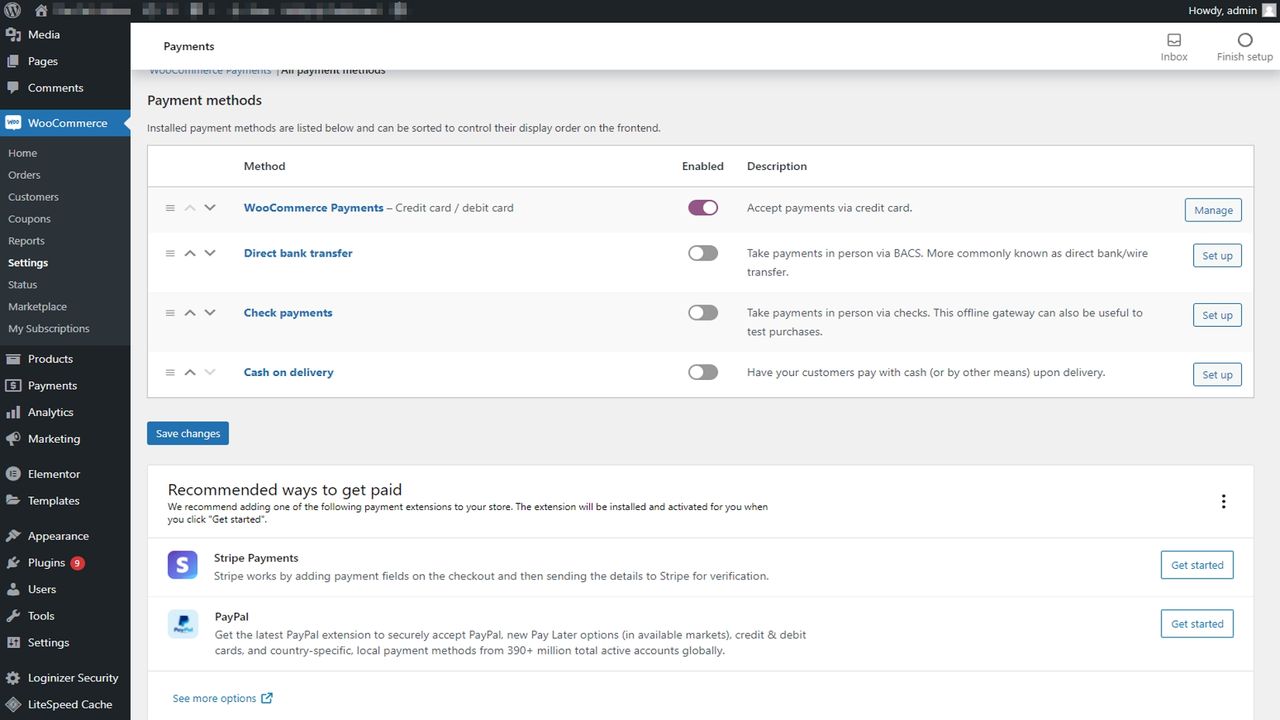 WooCommerce's payment options