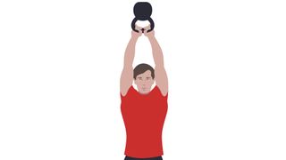 American kettlebell swing from the hips up against white background