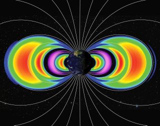 A dark Earth in space is central to many lines connected at the poles that loop out in large arcs from top to bottom. The inner most loops a shades of blue, green, red and yellow.