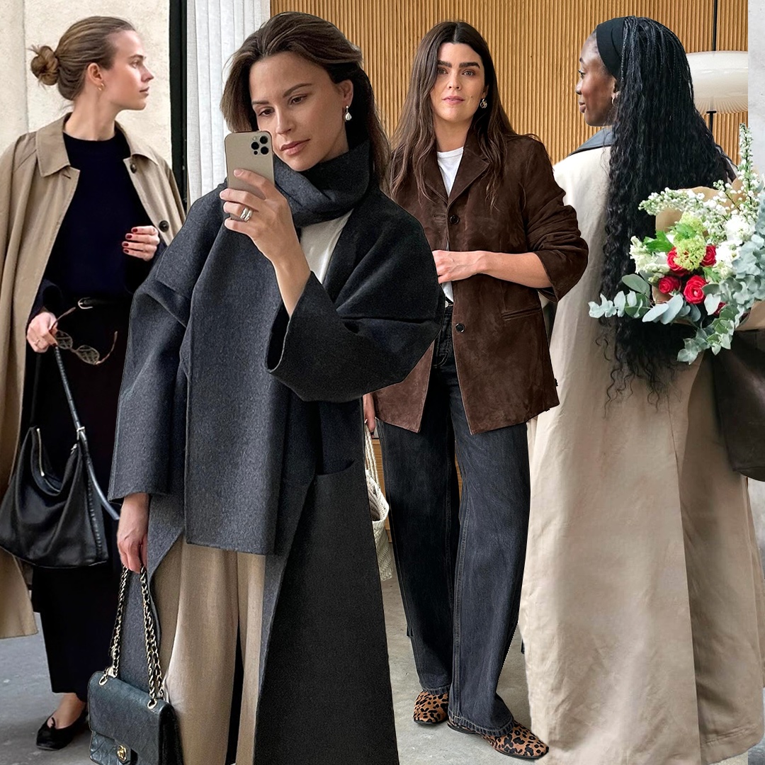 fashion collage featuring 4 European influencers including Clara Dyrhauge, Johanna Piispa, Anna Howard, and Liv Madeline wearing chic outfit ideas for 2026 with pieces like trench coats, flats, a scarf coat, jeans, and more