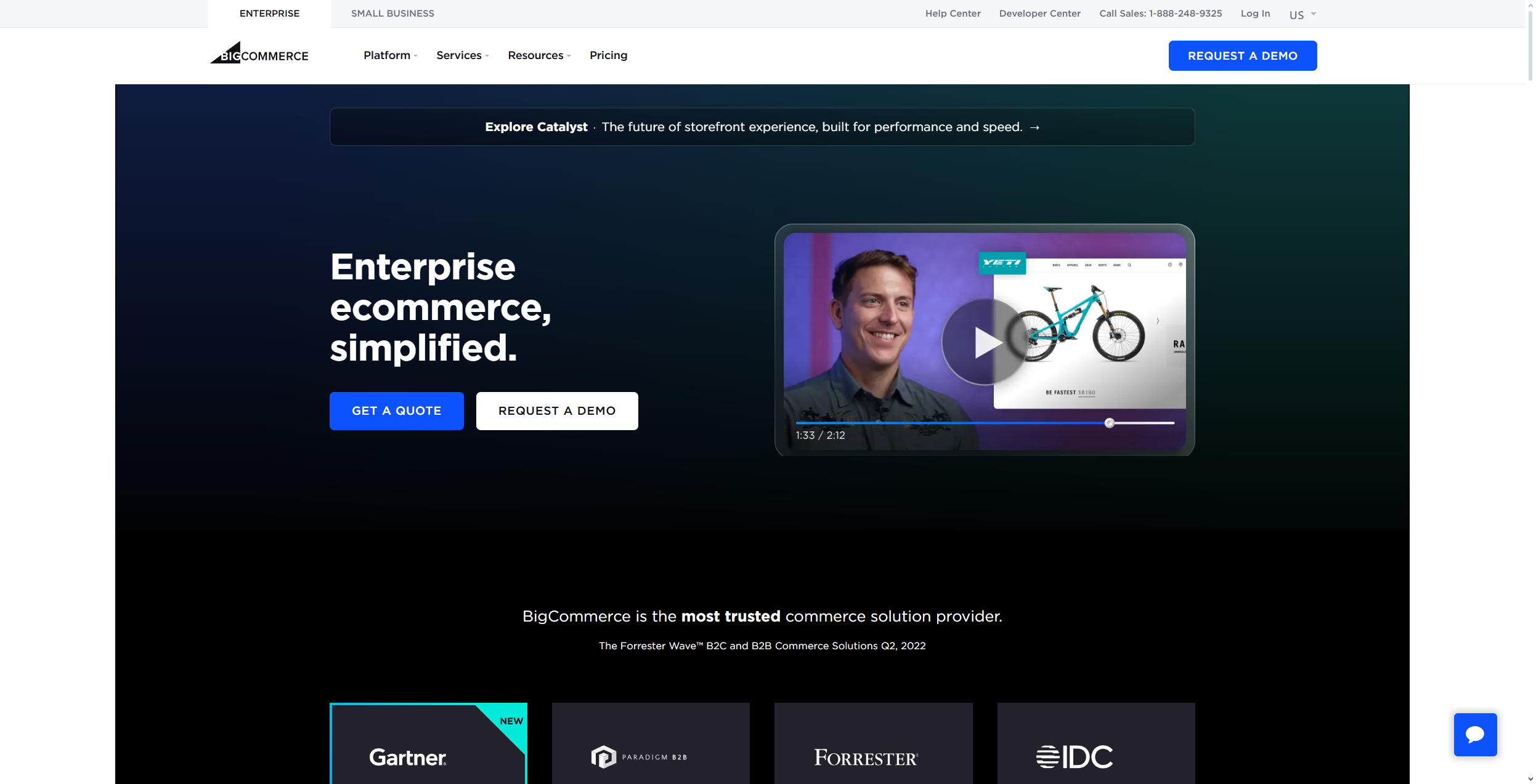 A screenshot of the BigCommerce homepage