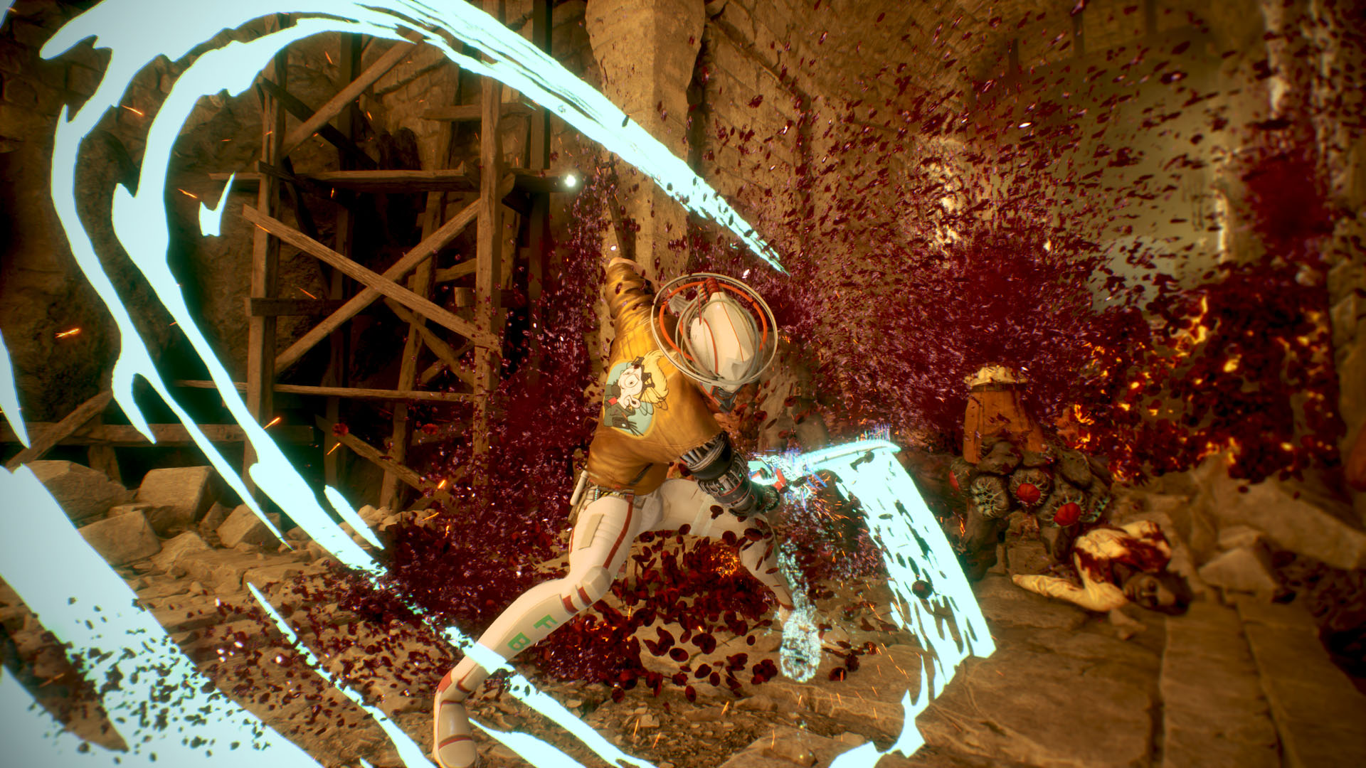 Romeo cuts enemies to shreds with a large, arcing slash in Romeo is a Dead Man