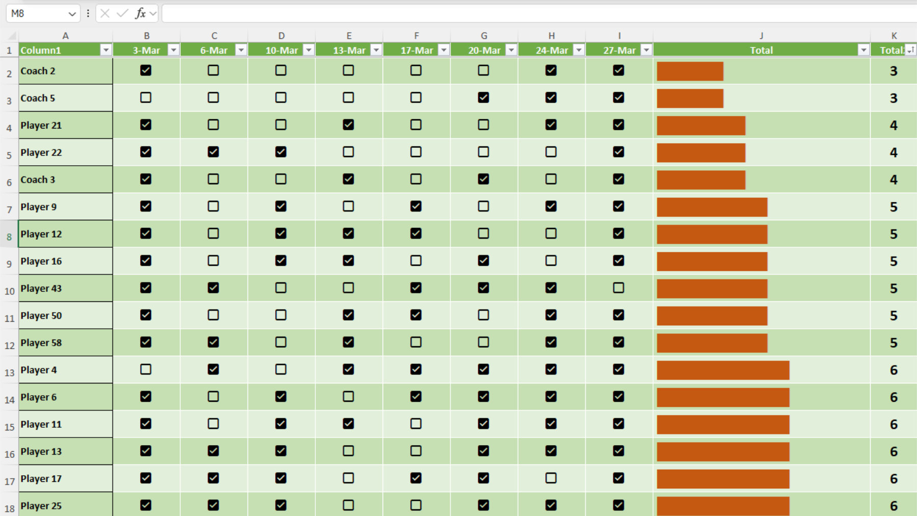 Excel spreadsheet for tracking attendance