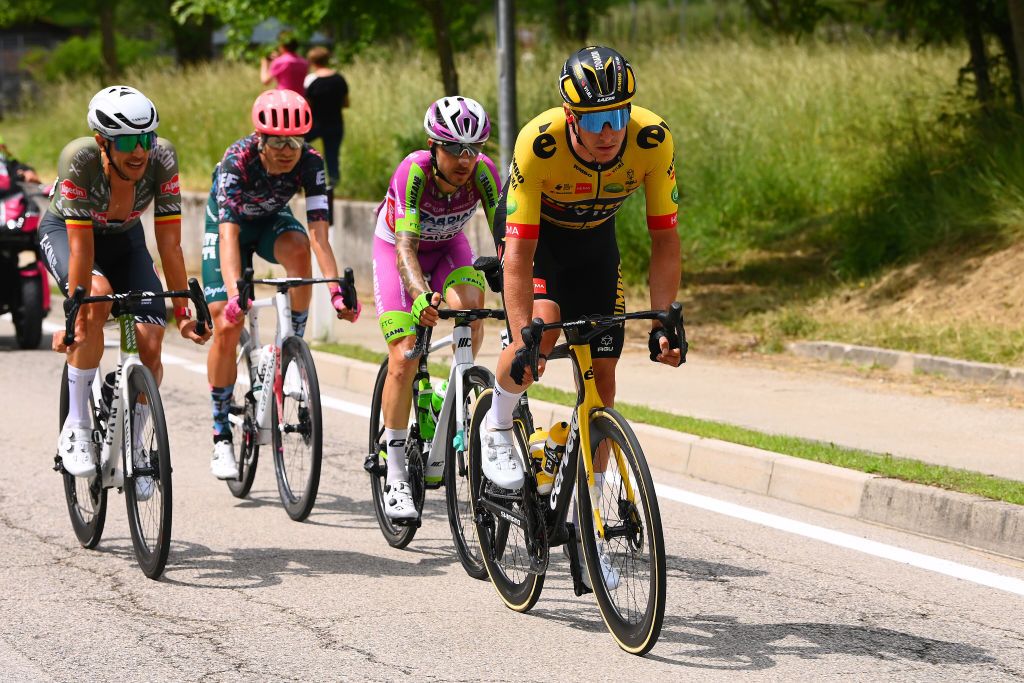 TREVISO ITALY MAY 26 LR Dries De Bondt of Belgium and Team Alpecin Fenix Magnus Cort Nielsen of Denmark and Team EF Education Easypost Davide Gabburo of Italy and Team Bardiani CSF Faizane and Edoardo Affini of Italy and Team Jumbo Visma compete in the breakaway during the 105th Giro dItalia 2022 Stage 18 a 156km stage from Borgo Valsugana to Treviso Giro WorldTour on May 26 2022 in Treviso Italy Photo by Tim de WaeleGetty Images