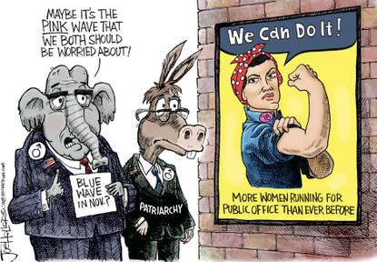 Political cartoon U.S. Democrats Republicans female candidates midterm pink wave