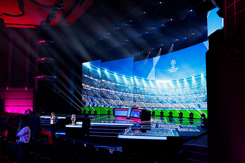 A general view of the stage ahead of the UEFA Champions League 2025/26 League Phase Draw at Grimaldi Forum on August 28, 2025 in Monaco, Monaco. (Photo by Claudio Lavenia - UEFA/UEFA via Getty Images)