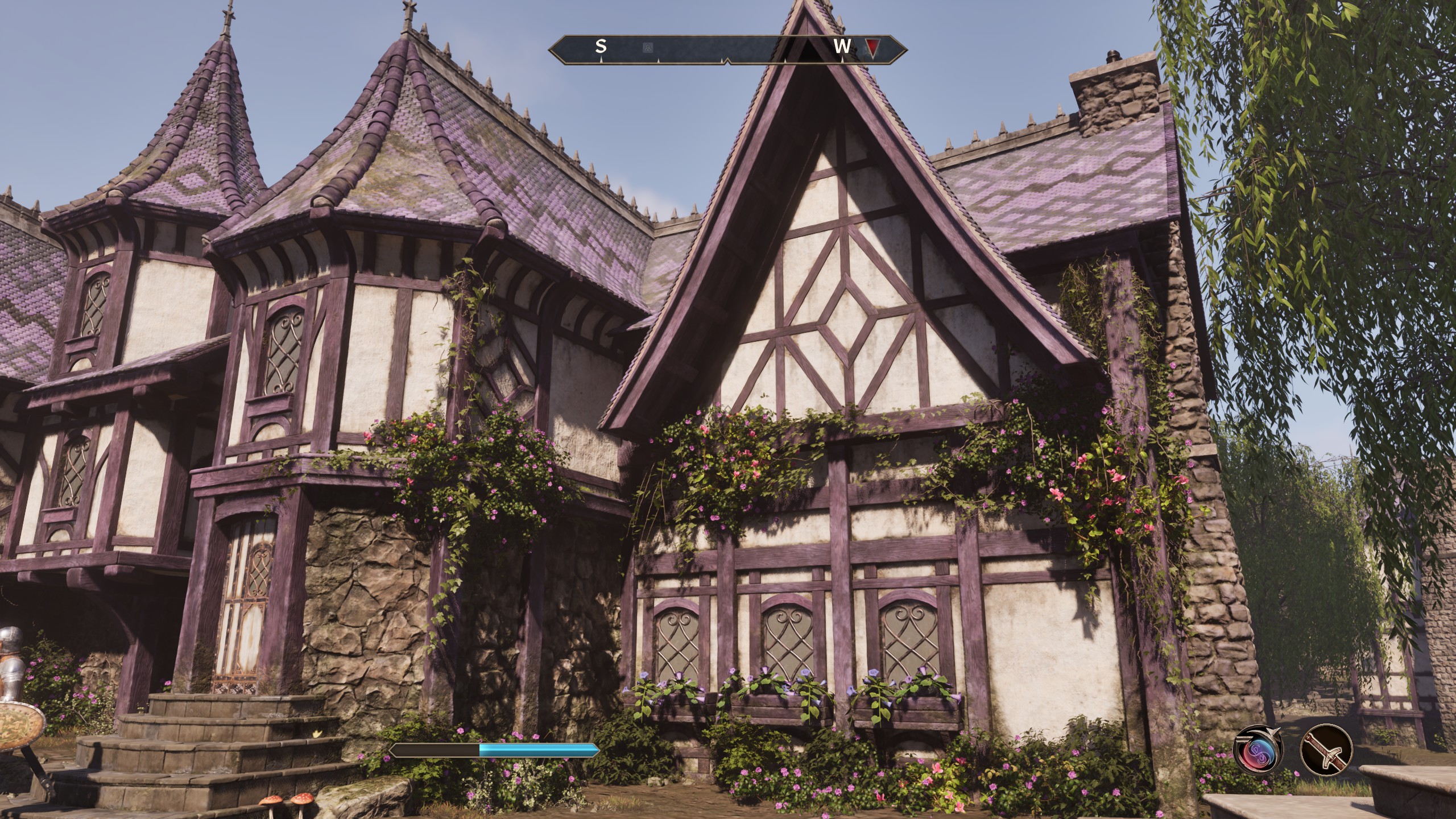 A screenshot of The Elder Scrolls 4: Oblivion Remastered showing a purple house in Cheydinhal with flowers growing over it