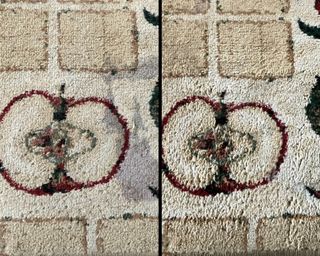 Before and after of a grape juice stain removed by the Shark CarpetXpert with Stainstriker Carpet Cleaner on light beige area rug