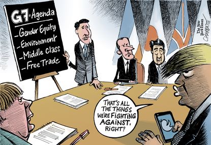 Political cartoon World G7 summit Trump Canada Trudeau Macron Merkel Shinzo Abe