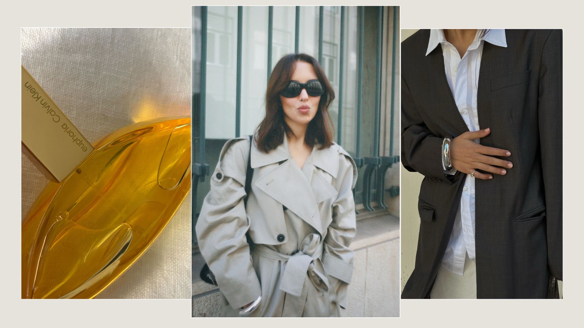 A picture of the new Calvin Klein Euphoria perfume, a woman wearing a trench coat and a close-up of a women's white shirt and grey blazer