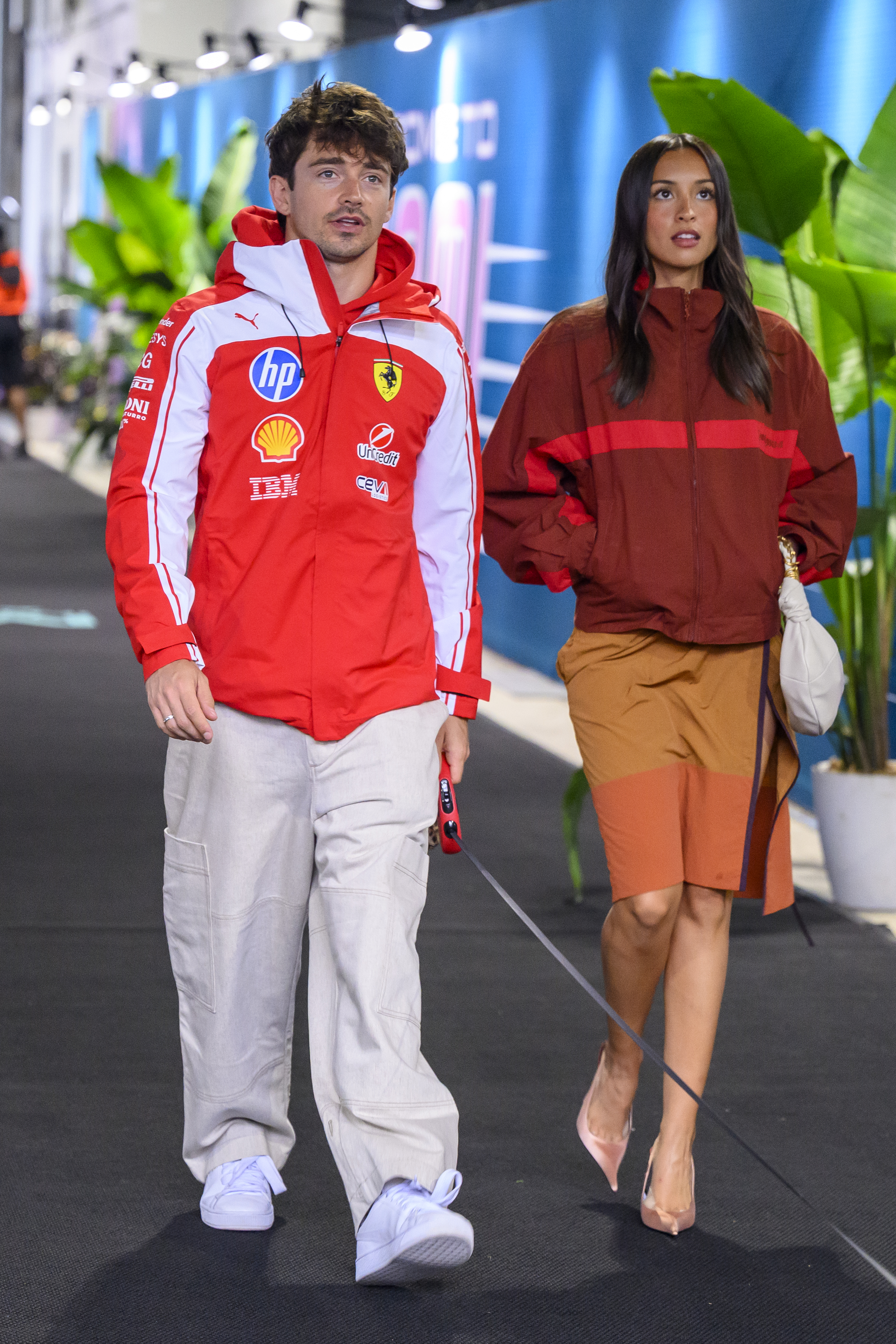 MIAMI GARDENS, FL - MAY 03: Ferrari driver Charles Leclerc of Monaco and his wife Alexandra Leclerc arrive before the start of the Formula 1 Miami Grand Prix on May 3, 2026.