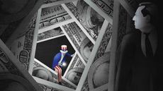 drawing of Uncle Sam with a flashlight looking for a tax cheat hiding behind money