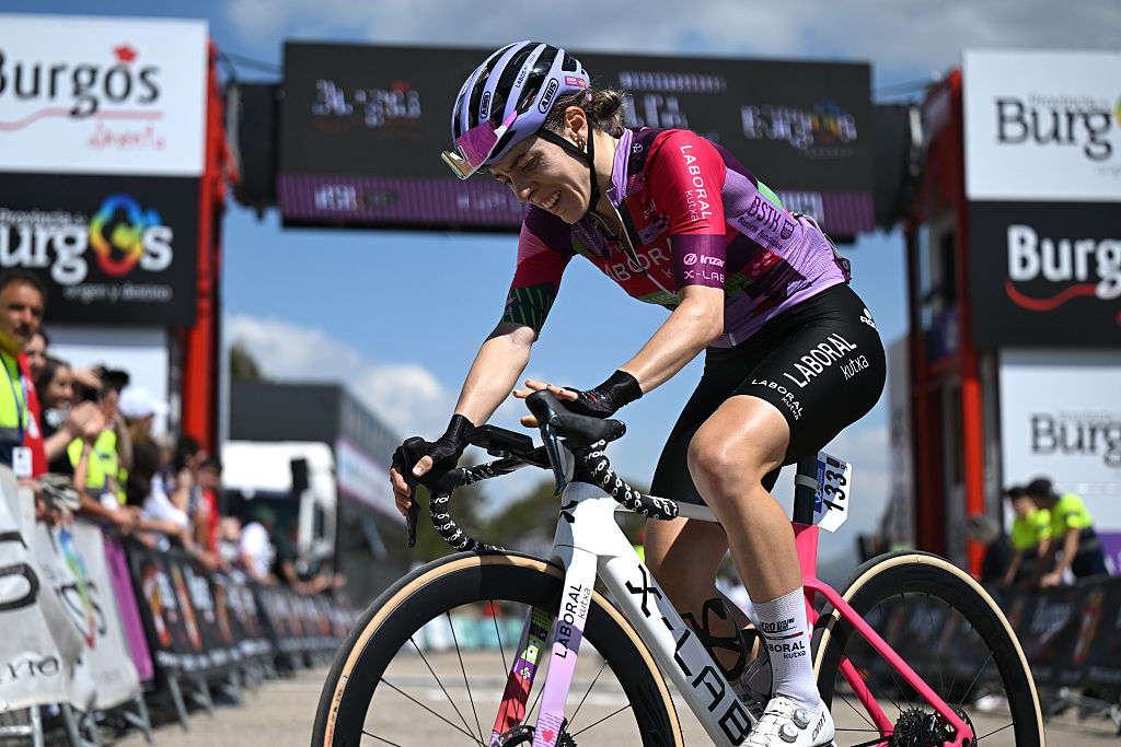 LAGUNAS DE NEILA, SPAIN - MAY 24: Usoa Ostolaza of Spain and Team Laboral Kutxa - Fundacion Euskadi crosses the finish line during the 11th Vuelta a Burgos Feminas 2026, Stage 4 a 120km stage from Gumiel de Mercado to Lagunas de Neila 1868m / #UCIWWT / on May 24, 2026 in Lagunas de Neila, Spain. (Photo by Szymon Gruchalski/Getty Images)