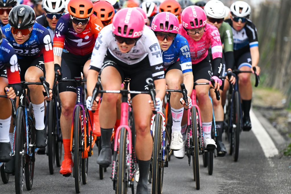 SANREMO ITALY MARCH 22 LR Loes Adegeest of Netherlands and Team FDJ SUEZ and Kristen Faulkner of The United States and Team EF EducationOatly compete during the 1st Sanremo Women 2025 a 156km one day race from Genova to Sanremo UCIWWT on March 22 2025 in Sanremo Italy Photo by Tim de WaeleGetty Images