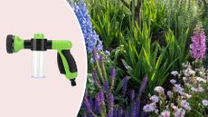 composite of product with image of uk summer plants in garden