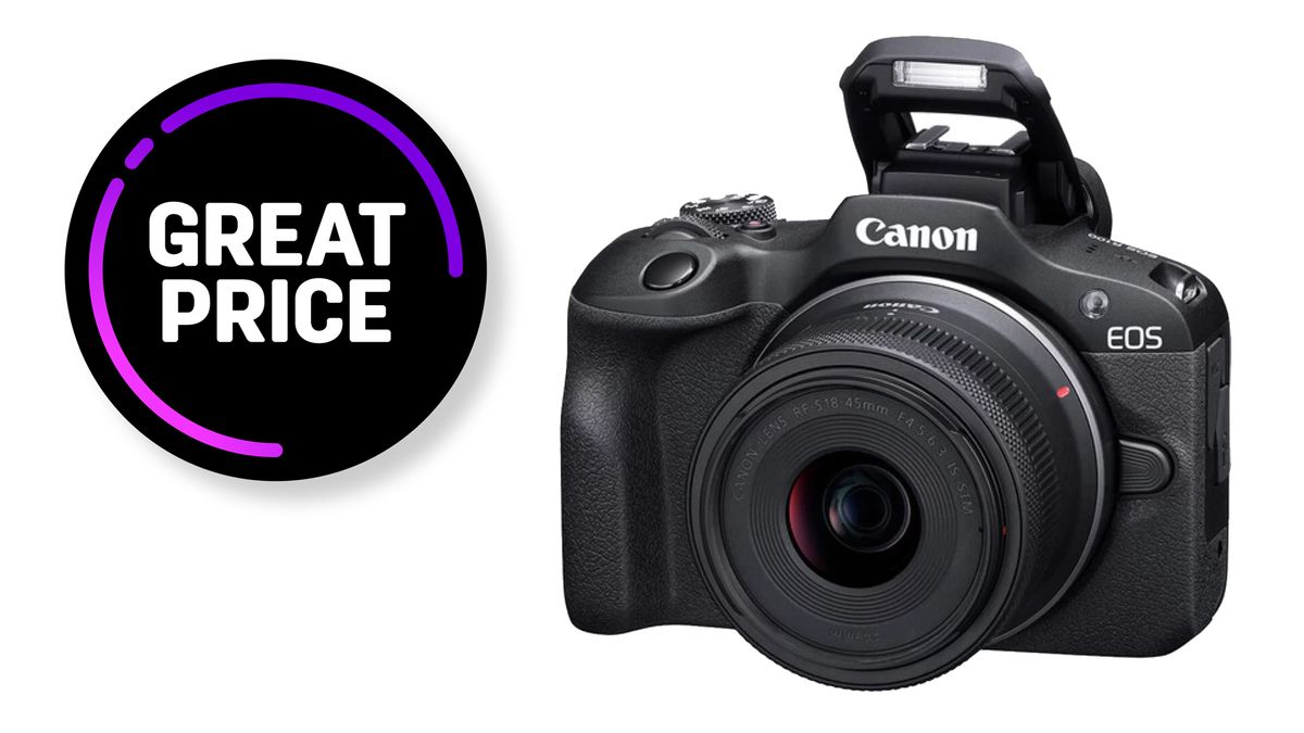 Canon EOS R100 against a white background with the text &quot;Great price&quot;