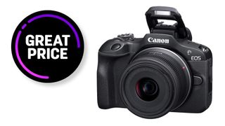 Canon EOS R100 against a white background with the text &quot;Great price&quot;