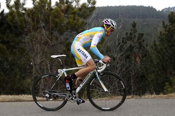 Alberto Contador (Astana) rode away from the field into Mende.