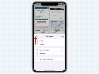 A red arrow points up at Edit in the Tab Groups menu in Safari in iOS 15