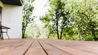 Cleaned deck, trees in background