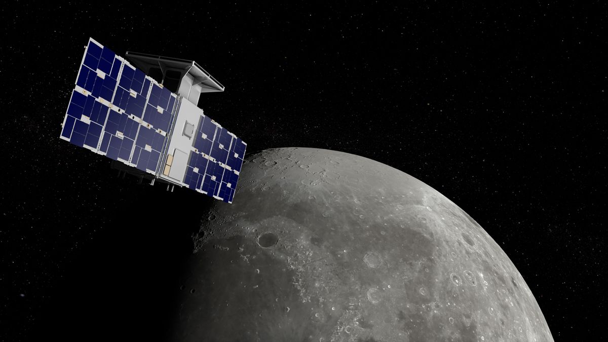 Artist&#039;s illustration showing the CAPSTONE spacecraft in a near rectilinear halo orbit (NRHO) around the moon.