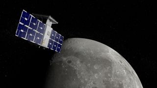 Artist's illustration showing the CAPSTONE spacecraft in a near rectilinear halo orbit (NRHO) around the moon.