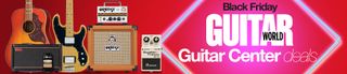 A selection of music gear including guitar pedals, amps, and guitars