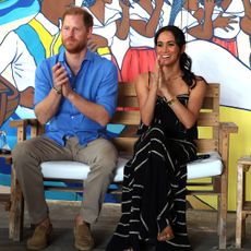 rince Harry, Duke of Sussex and Meghan, Duchess of Sussex at the Escuela Tambores de Cabildo during The Duke and Duchess of Sussex Colombia Visit on August 17, 2024 in Cartagena, Colombia