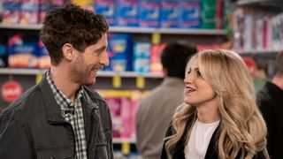 Thomas Middleditch (left) as Drew and Annaleigh Ashford as Gina in CBS's 'B Positive'.