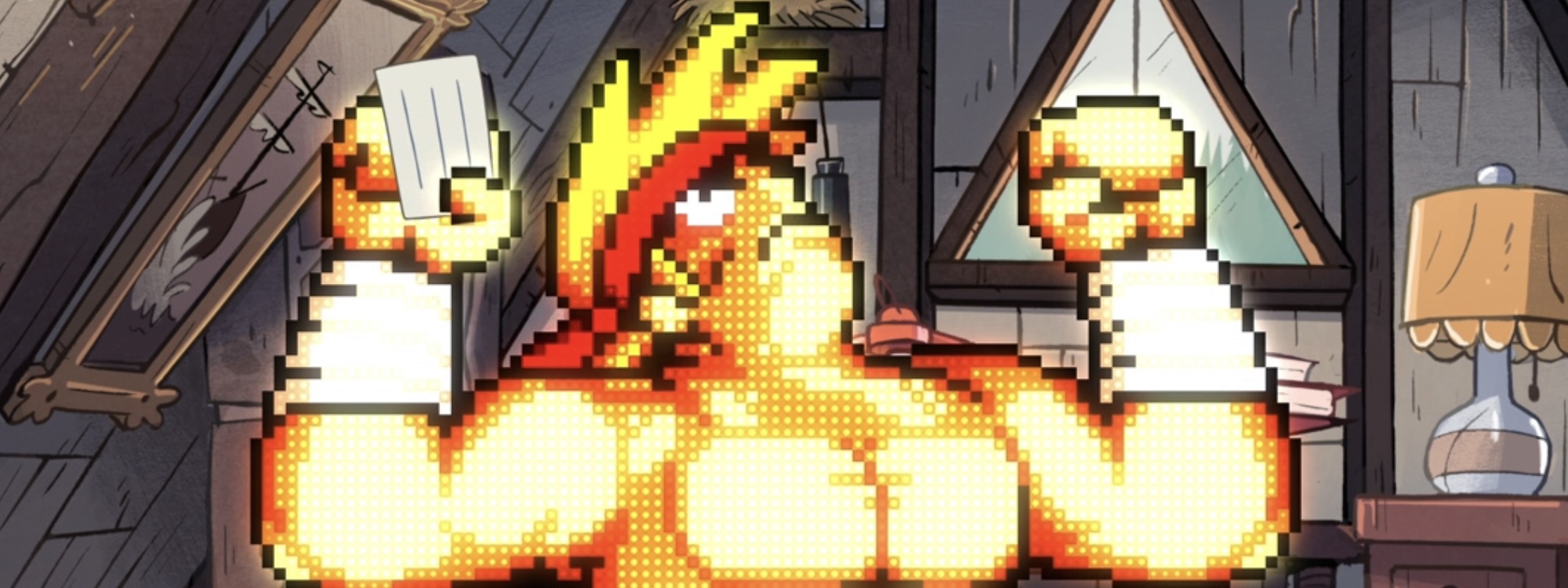 Rumble McSkirmish holding note with fists raised in Gravity Falls