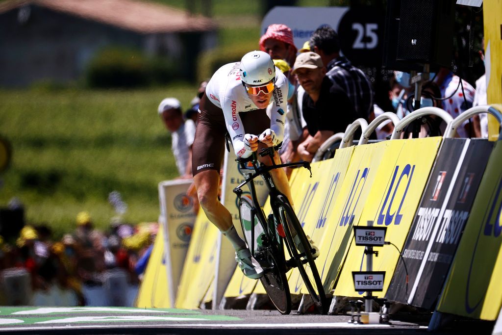 SAINTEMILION FRANCE JULY 17 Dorian Godon of France and AG2R Citron Team at arrival during the 108th Tour de France 2021 Stage 20 a 308km Individual Time Trial Stage from Libourne to SaintEmilion 75m ITT LeTour TDF2021 on July 17 2021 in SaintEmilion France Photo by Chris GraythenGetty Images
