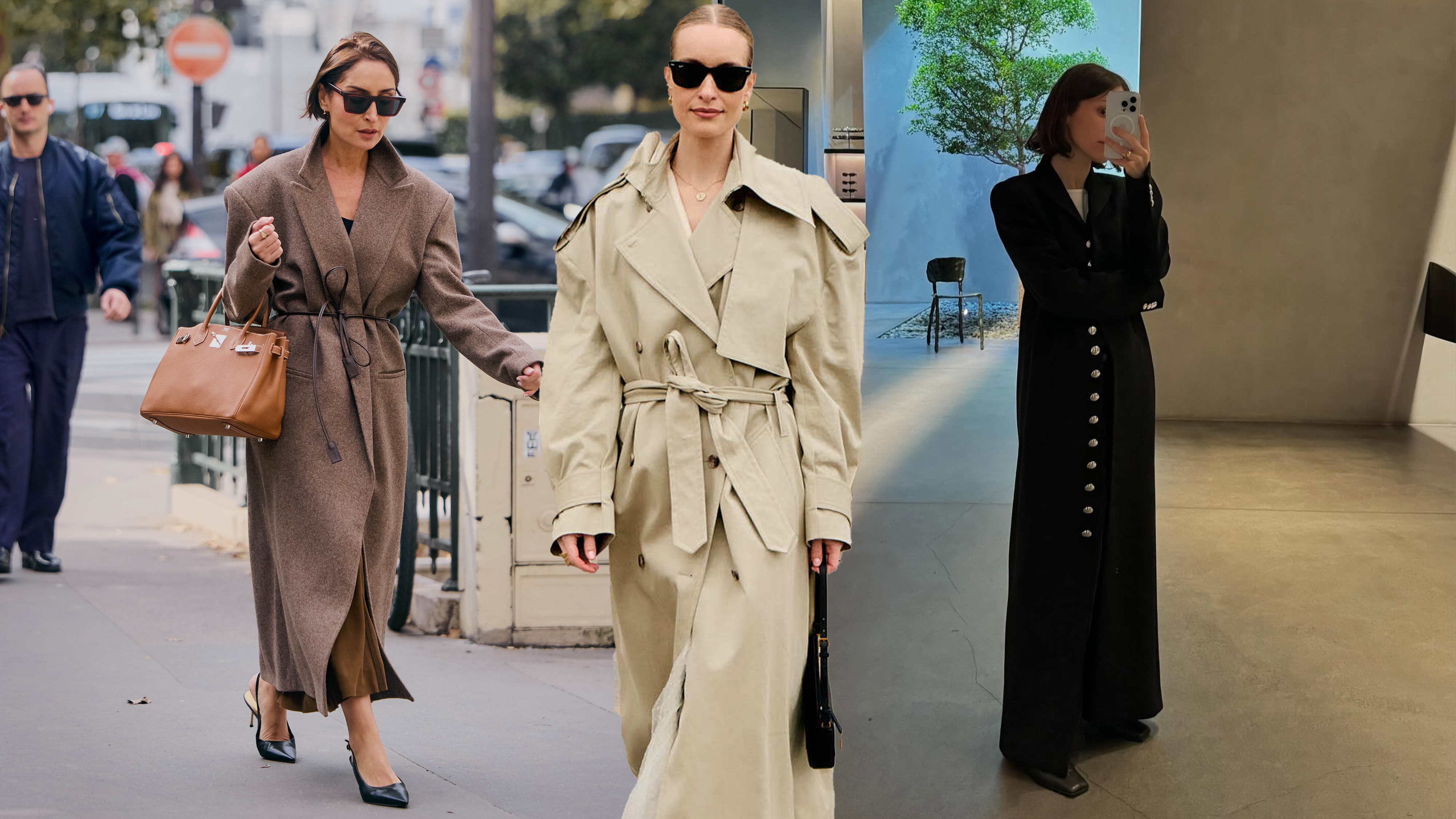 A collage of people using long coats to make their outfits.