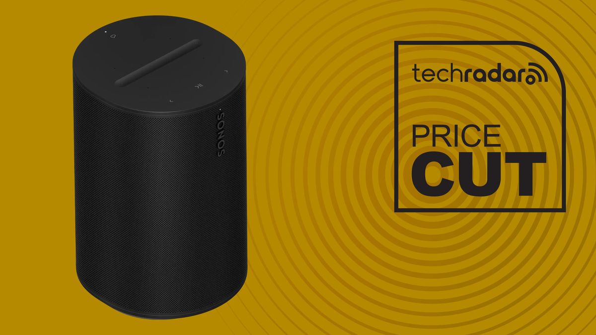 Sonos Era 100 black cylindrical speaker on mustard yellow background with TechRadar price cut sign