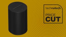 Sonos Era 100 black cylindrical speaker on mustard yellow background with TechRadar price cut sign