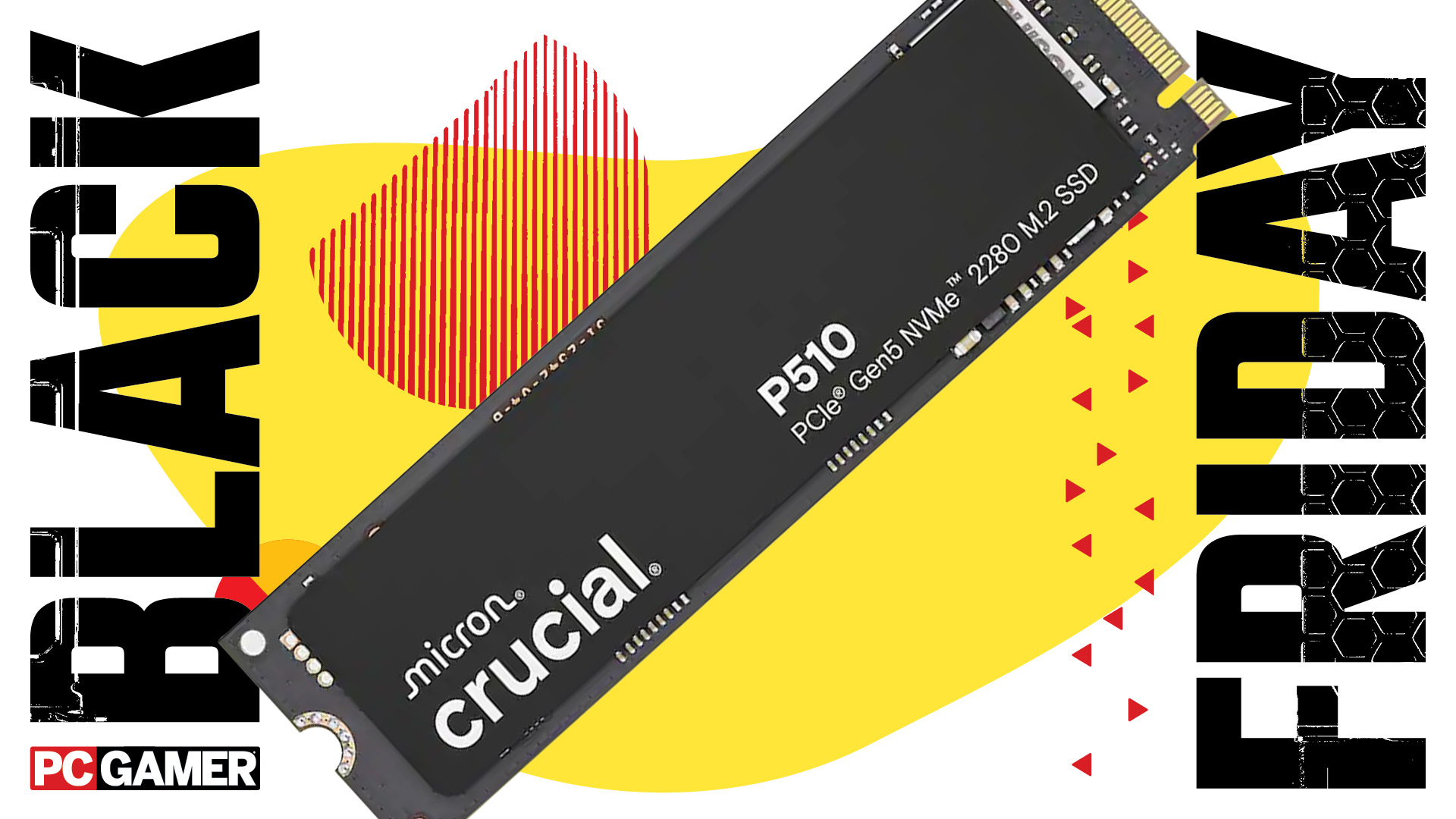 Crucial&#039;s P510 on a yellow and red background with Black Friday written on it.