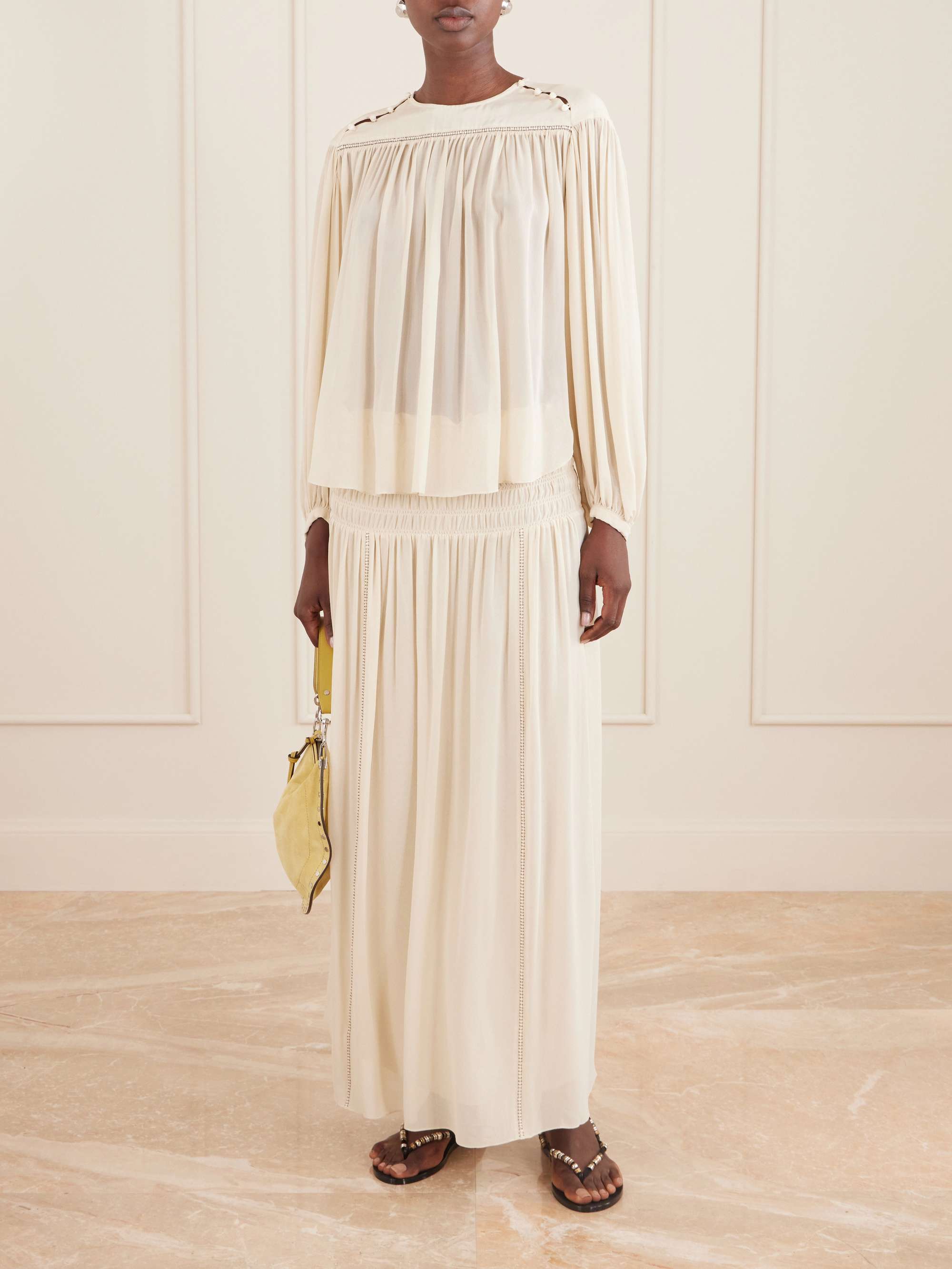Nerly Embroidered Smocked Silk Maxi Skirt