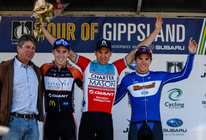 The stage 5 podium (L-to-R): Alexander Smyth (Satalyst Giant Racing Team), Raphael Freinstein (CharterMason Giant Racing) and Ryan MacAnally (Wormall Civil CCS)