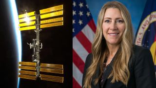 two pictures side by side. at left is the space station with earth below, visible as a crescent on the left. at right is dana weigel smiling in front of an american flag and the nasa flag