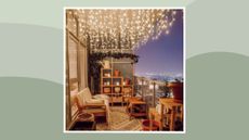 Image of patio with string lights on green background