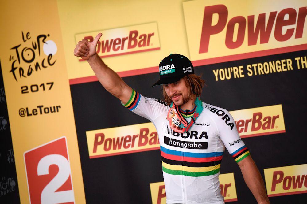 Peter Sagan on the Tour de France podium after winning stage 3
