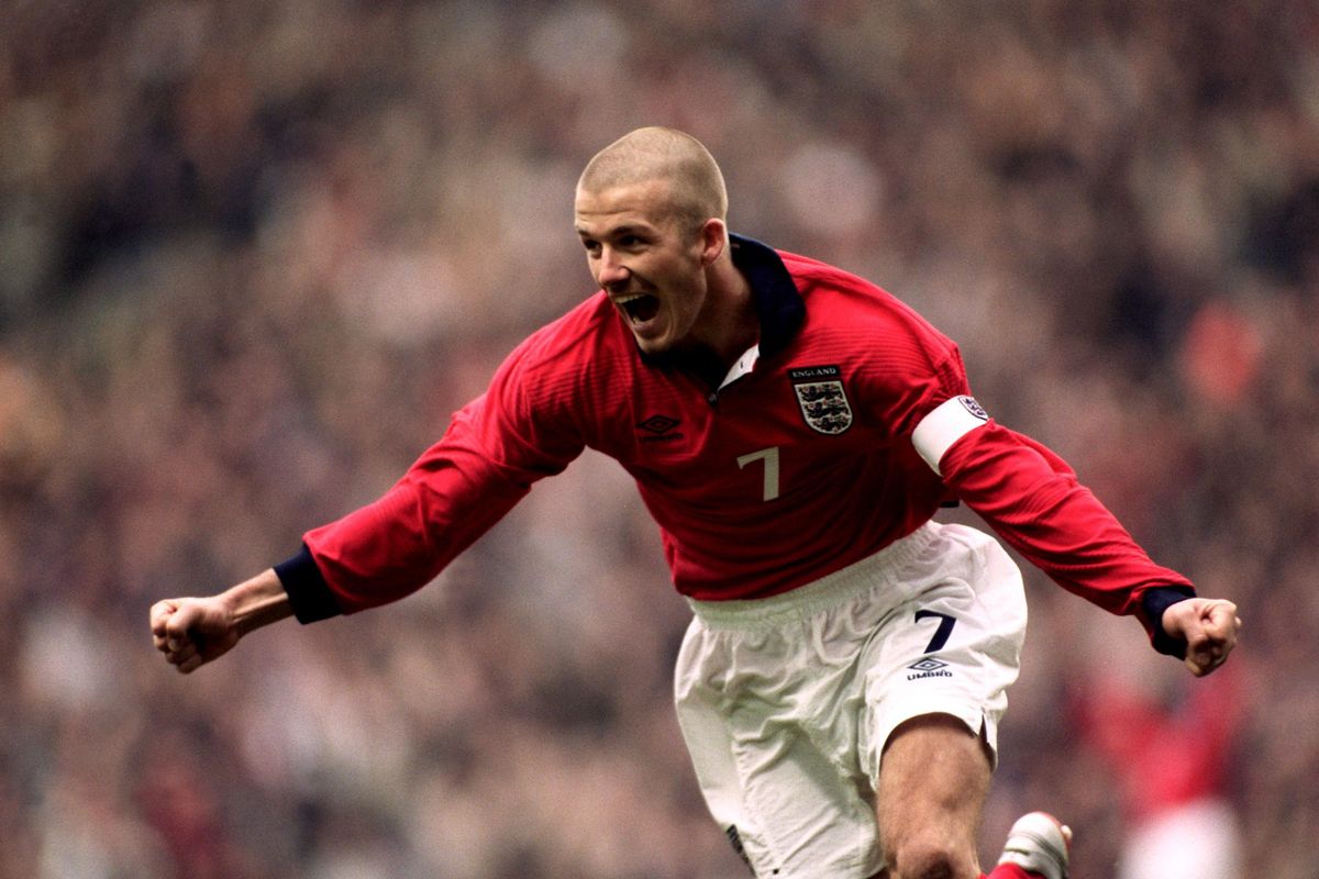 David Beckham celebrates after scoring for England against Finland in 2001